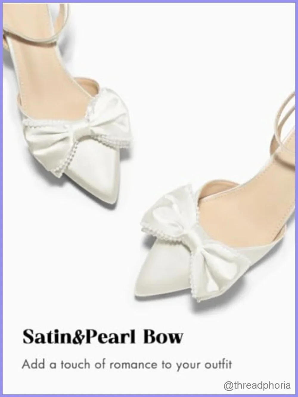 Satin Kitten Heel Pumps with Bow Pearl Ankle Strap Pointed Toe Wedding Dress